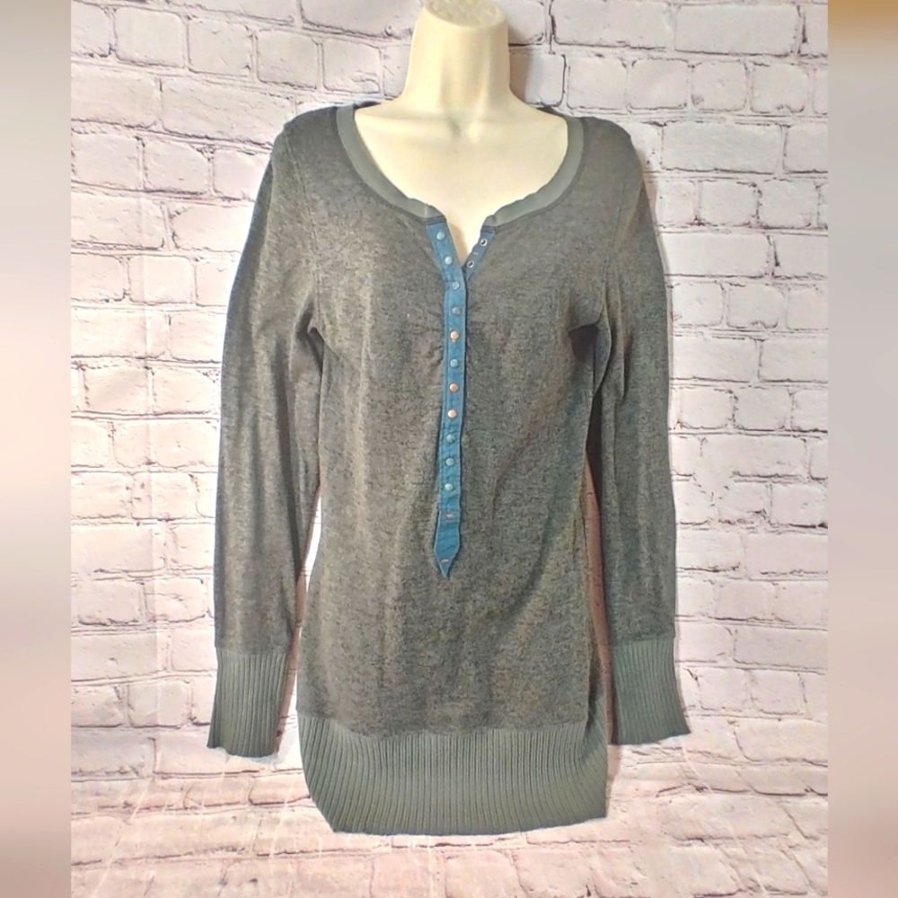Free People Large Long Sleeve Olive Henley Tunic Boho Cotton